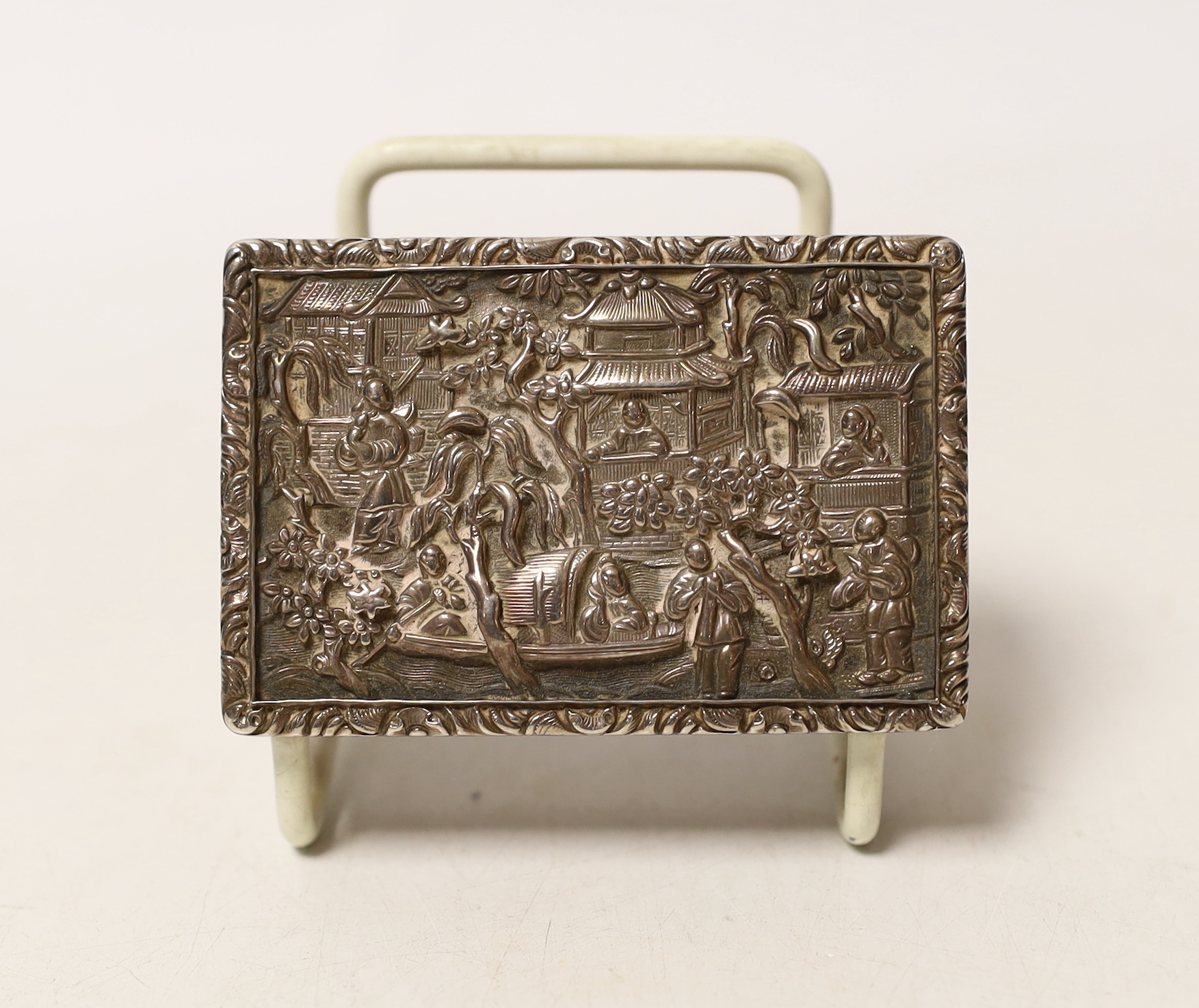A Burmese? white metal box rectangular snuff box, 67mm.